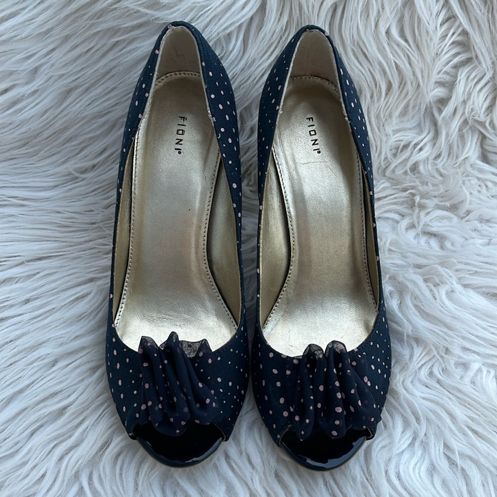 FIONI Women’s Navy Blue with Pink Polka Dots Peep Toe Heels SZ: 8